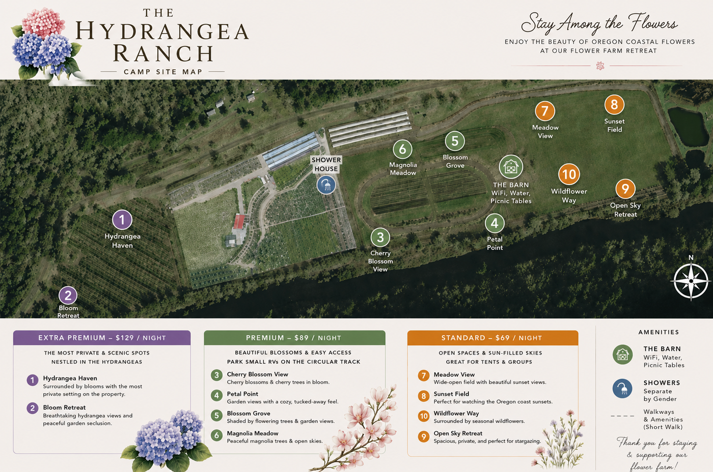 Map of campsites and amenities at The Hydrangea Ranch