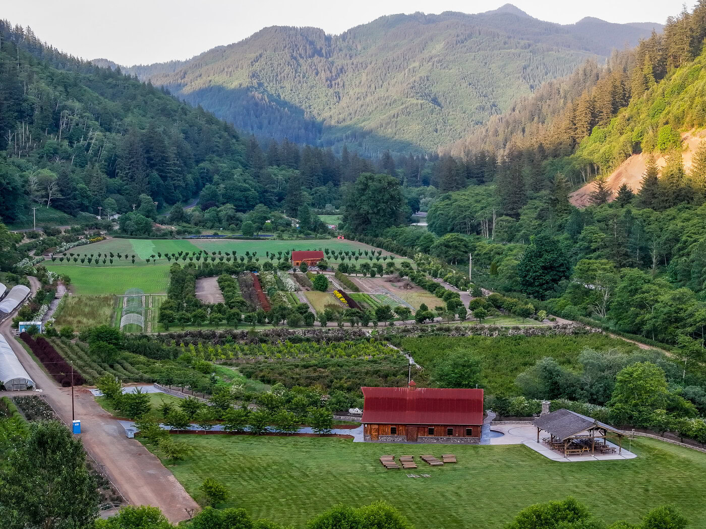 Aerial view of Hydrangea Ranch and the surrounding Oregon Coast landscape